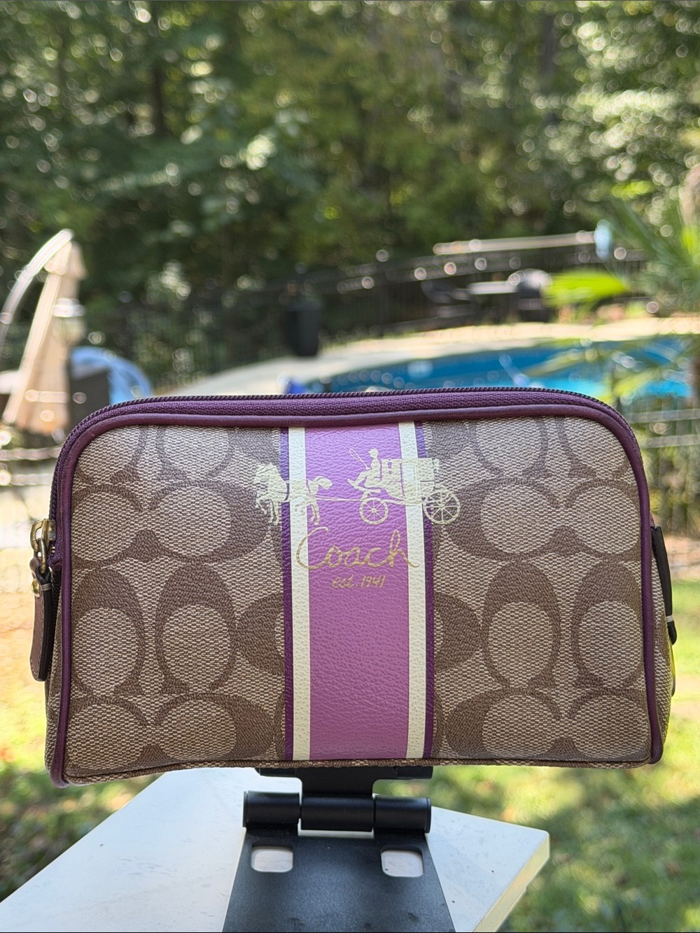 Coach Signature Canvas Cosmetic Pouch in Tan and Purple